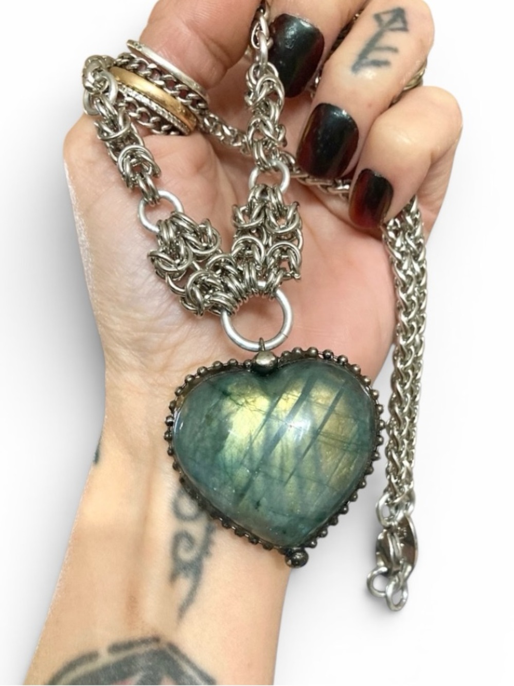 Genuine iridescent labradorite gemstone heart shape charm boho choker necklace .